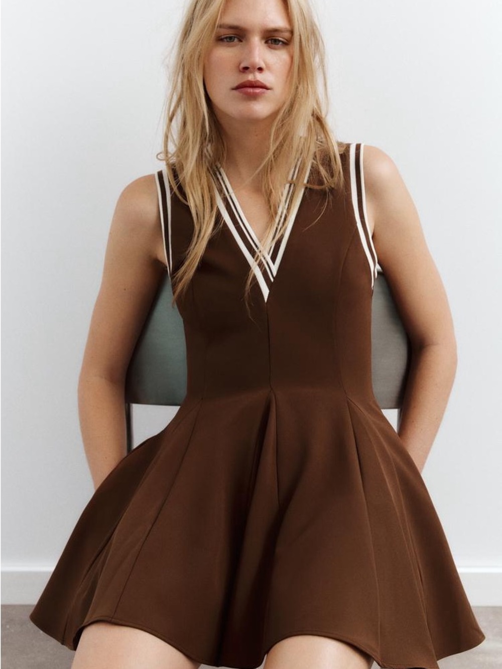 NWT | ZARA Brown Tennis Dress Sleeveless Pleated Mini Skater Fit & Flare Size S